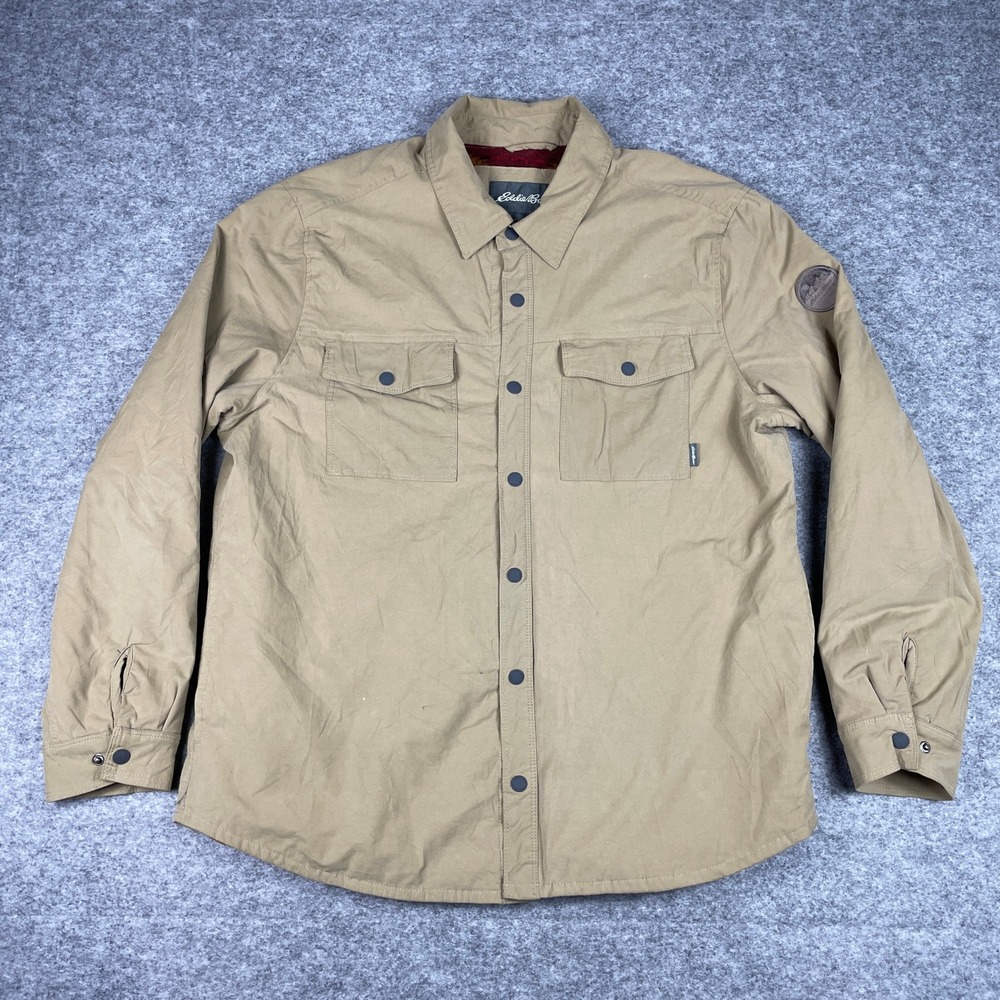 Eddie Bauer Shirt Jacket Mens XL Tan Fleece Lined Snap Front Outdoor Aztec